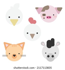 Vector set flat illustrations with simple and cute animals, goose, duck, pig, chicken, cat and horse.