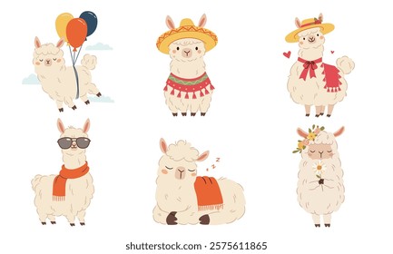 Vector set of flat vector illustrations in a simple children's style. Cute llama in straw hat, flying balloons, wearing Mexican hat and sunglasses
