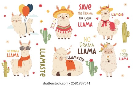 Vector set of flat vector illustrations in a simple children's style. Cute llama in straw hat, flying balloons, wearing Mexican hat and sunglasses, lettering on llamas and cacti