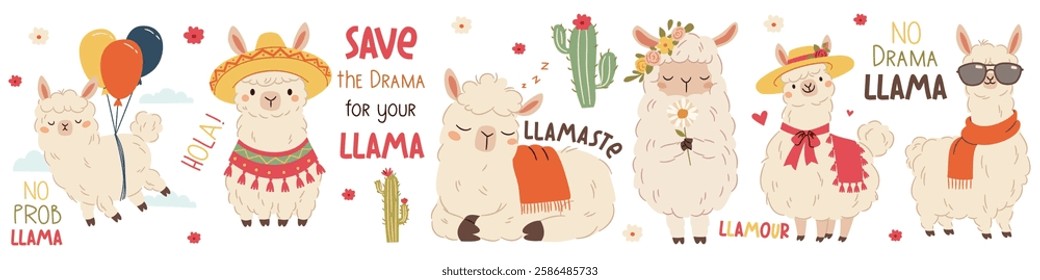 Vector set of flat vector illustrations in a simple children's style. Cute llama in straw hat, flying balloons, wearing Mexican hat and sunglasses, lettering on llamas and cacti