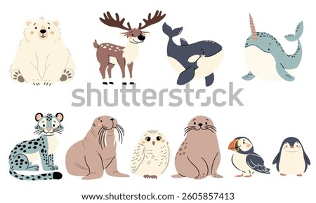 Vector set of flat vector illustrations in a simple children's style. Cute animals of the north pole. Polar bear walrus walrus penguin snow leopard seal orca polar owl narwhal