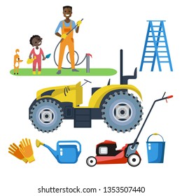 Vector Set of flat images: gardener - African American watering a lawn, small tractor and other Garden tools.