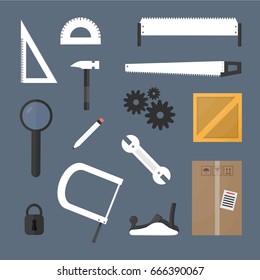 Vector set of flat isolated building craft tools on the dark blue background. Concept of repair, construction and crafting.