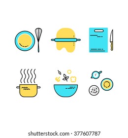 Vector set of flat line cooking icons. Food preparation design elements.
