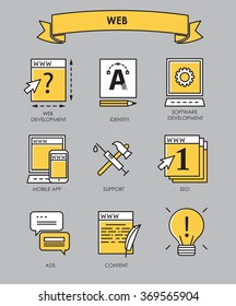 Vector set of flat line creative process, design process, web product development icons