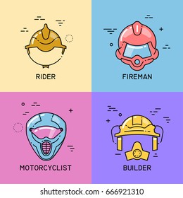 Vector set of flat line icons with shift of helmets of a rider, fireman, motorcyclist and builder on colorful background.