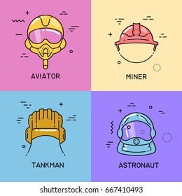 Vector set of flat line icons with shift fill of helmets of a aviator, miner, tankman, astronaut on colorful background.