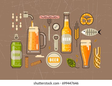 Vector set of flat line icons for beer festival. Bottles and glasses of beer, accessories and snacks.