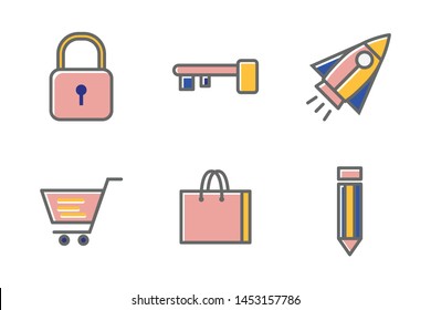 Vector set of flat line web icons,editable stroke,digital marketing,business and finance,office,security and protection,shopping and commerce,business startup.