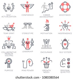 Vector set of flat linear icons related to business management, strategy, career progress and business process. Flat infographics design elements with stroke lines