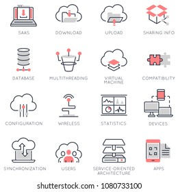 Vector set of flat linear icons related to cloud computing service and data storage. Flat infographics design elements with stroke lines