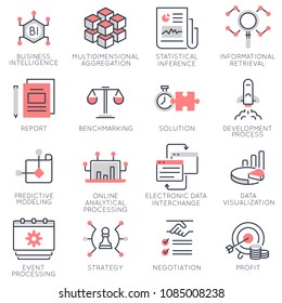 Vector set of flat linear icons related to business management, strategy and business intelligence. Flat infographics design elements with stroke lines