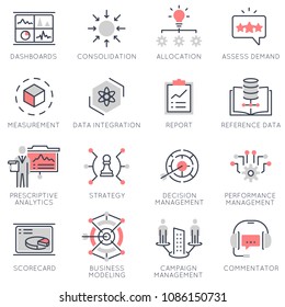 Vector set of flat linear icons related to business management, strategy, data management, business process. Flat infographics design elements with stroke lines