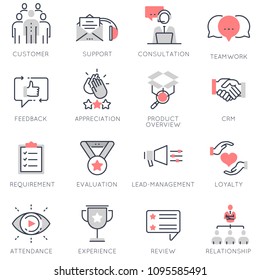 Vector set of flat linear icons related to business management, feedback, relationship and evaluation. Flat infographics design elements with stroke lines