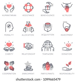 Vector set of flat linear icons related to altruism, benevolence, human responsible and beneficence. Flat infographics design elements with stroke lines