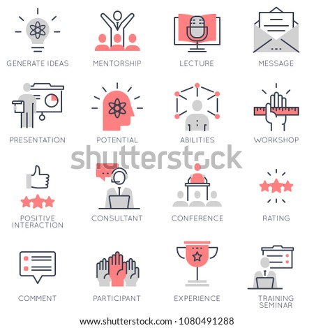 Vector set of flat linear icons related to career progress, corporate management, business people training and professional consulting service. Flat infographics design elements with stroke lines