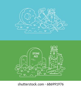 Vector set of flat linear illustration with stone wheel, caveman holding spear and fish isolated on blue and caveman with stone age sign isolated on green background. 
