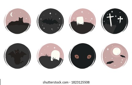 Vector set of flat logo design templates, icons and badges for social media instagram highlight with cute halloween symbols