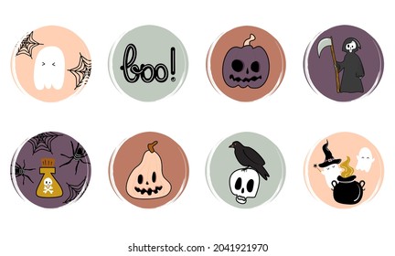 Vector set of flat logo design templates, icons and badges for social media highlight with cute traditional halloween elements	