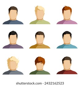 Vector Set of Flat Man Faces with Different Hairstyles. Minimalistic Userpics.