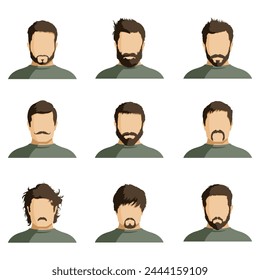 Vector Set of Flat Man Faces with Different Hairstyles, Beards and Moustaches. Minimalistic Userpics.