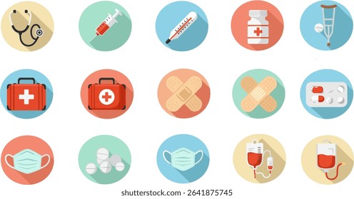 Vector set of flat medical icons featuring long shadow style, including stethoscope, syringe, thermometer, medicine bottle, crutches, first aid kits, bandages, pills, surgical masks, etc.