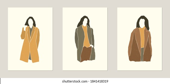 Vector set of flat minimalistic fashion woman silhouette. Autumn, winter or spring concept. Natural texture. Print for poster, card.