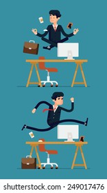 Vector set of flat modern business office worker character design depicting levitating businessman meditating in peace over his desk and hurdling businessman jumping over his table