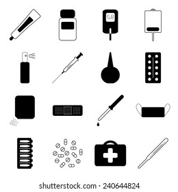 Vector set of flat monochrome medical icons