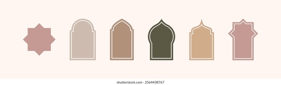 Vector set of flat mosque gates, doors and windows. Oriental style Islamic arches, labels, logo templates. Morocco inspired simple shapes. Indian architecture icons. Muslim frames. Lantern shapes.