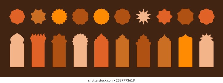 Vector set of flat mosque windows. Oriental style Islamic arches, labels, logo templates. Morocco inspired simple shapes. Indian architecture icons. Ramadan Muslim style frames. Muslim holiday shapes