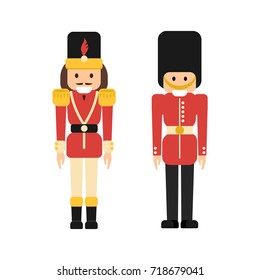 Vector set of flat nutcrackers soldiers - classic Merry Xmas wooden ballet dancer figurine and British guard toy in simple style, color flat modern illustration.