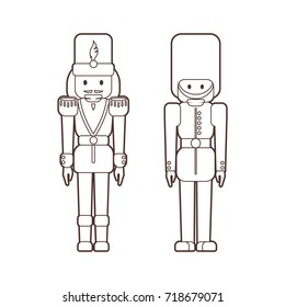 Vector set of flat nutcrackers soldiers - classic Christmas wooden ballet dancer figurine and British guard toy in lineart style, outline illustration for coloring on white background.