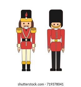 Vector set of flat nutcrackers soldiers - classic wooden ballet dancer figurine and British guard toy in lineart style on white background