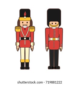 Vector set of flat nutcrackers soldiers - classic wooden ballet dancer figurine and British guard toy in lineart style on white background