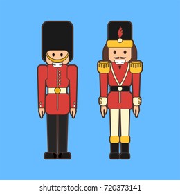 Vector set of flat nutcrackers soldiers - classic wooden ballet dancer figurine and British guard toy in lineart style on blue background