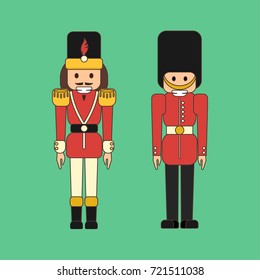 Vector set of flat nutcrackers soldiers - classic wooden ballet dancer figurine and British guard toy in line art style on green background.