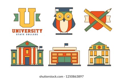 Vector set of flat outline icons related to education theme. Buildings and owl in mantle. Original emblems for university