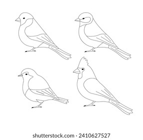 Vector set of flat outline small birds isolated on white background
