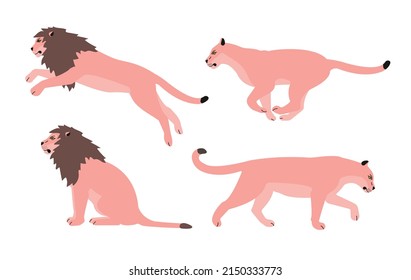 Vector set of flat pink lions isolated on white background