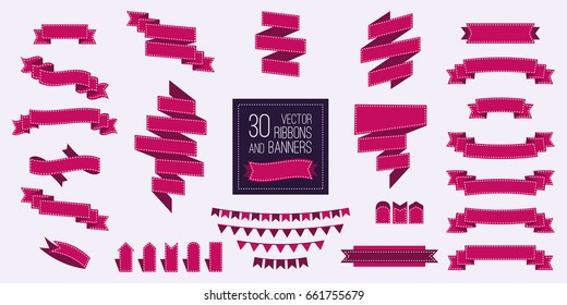 Vector set of flat ribbons and banners. 30 retro lilac ribbons and labels