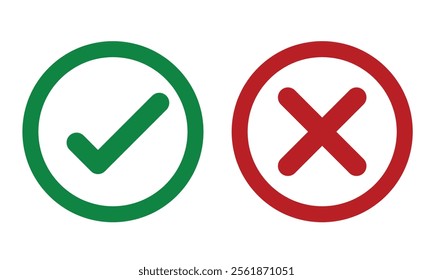 Vector set of flat round check mark, X mark exclamation point and question mark icon.