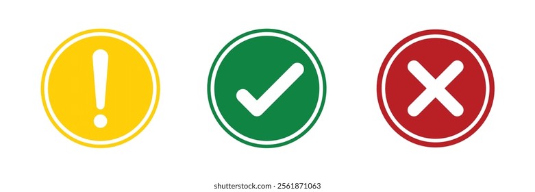 Vector set of flat round check mark, X mark exclamation point and question mark icon.