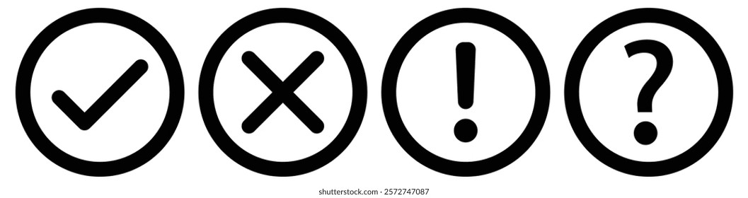  Vector set of flat round check mark, X mark exclamation point and question mark icon. Checkmark, exclamation round, cross and question mark icon. Premium vector illustrations in black outline