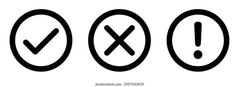 Vector set of flat round check mark. X mark exclamation point and question mark icon. Checkmark, exclamation round, cross and question mark icon.