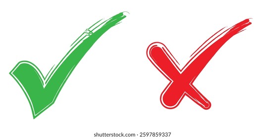 Vector set of flat round check mark in white background. Checkmark, X mark, cross mark, icons, symbol, vector.	
