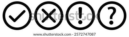  Vector set of flat round check mark, X mark exclamation point and question mark icon. Checkmark, exclamation round, cross and question mark icon. Premium vector illustrations in black outline
