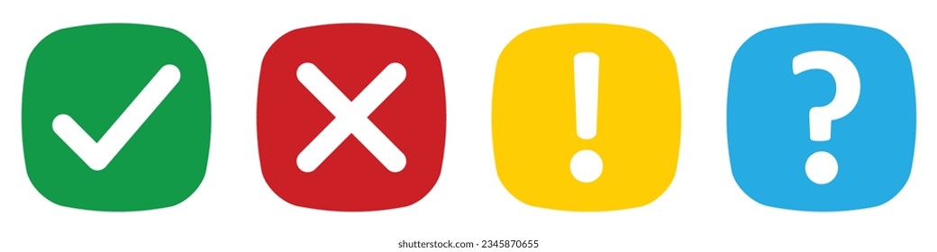 Vector set of flat rounded square check mark, X mark exclamation point and question mark. Checkmark, exclamation, X and question mark icon. Vector illustrator in color green, yellow, red and blue.