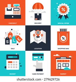 Vector Set Of Flat Shopping And Commerce Icons. Icon Pack Includes Following Themes - Location, Sale, Retail, Delivery, Market, Discount, Budget, New Product, Card Payment