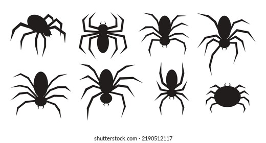 Vector set of flat silhouetted black spiders isolated on a white background. 